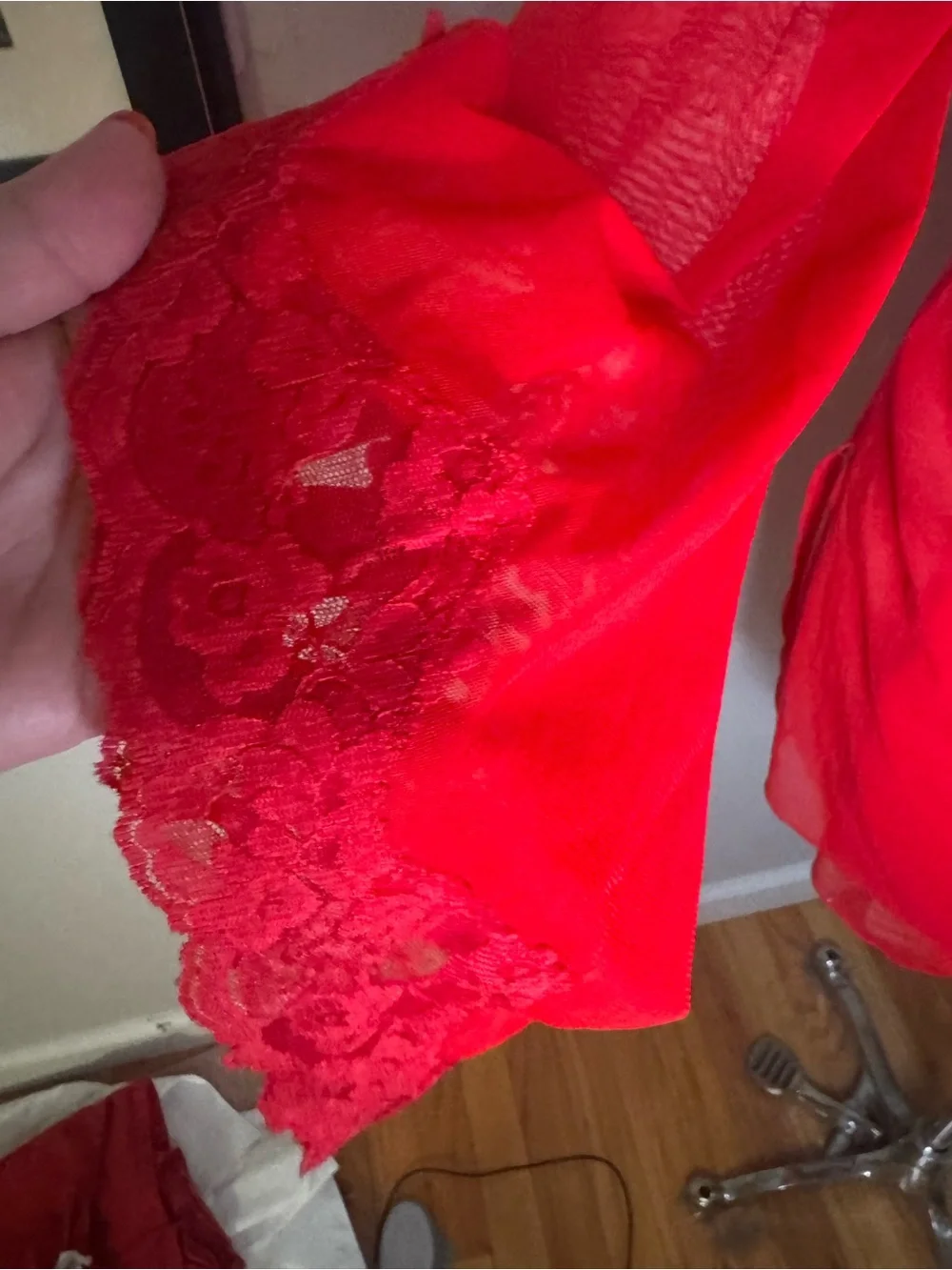 Frederick’s of Hollywood Red Sheer Wrap Robe with Satin Tie with lace sleeves.